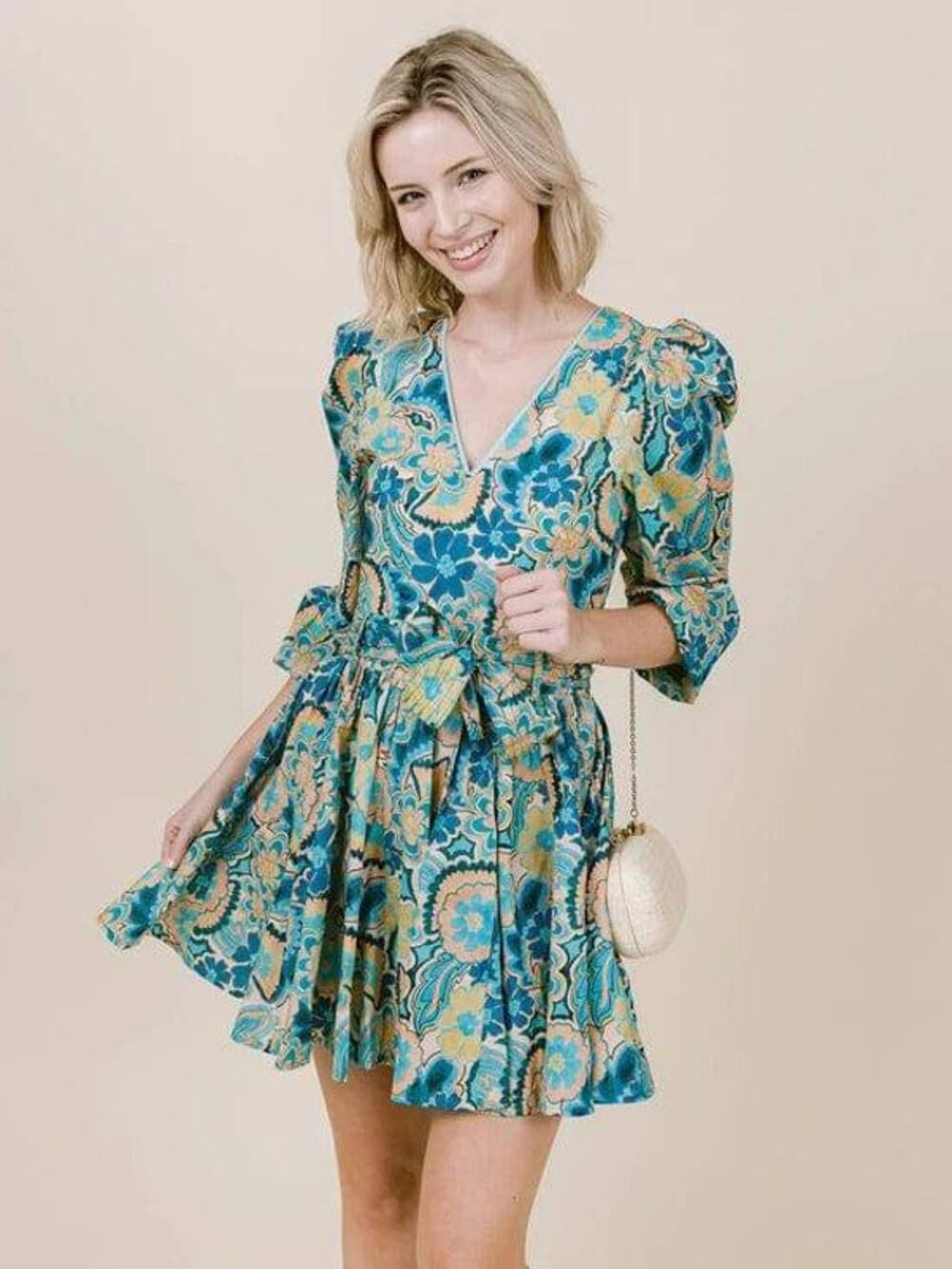 LaRoque Emma Floral Cotton Mini Dress Sapphire Daisy Blue Puff Sleeve XS Cottage